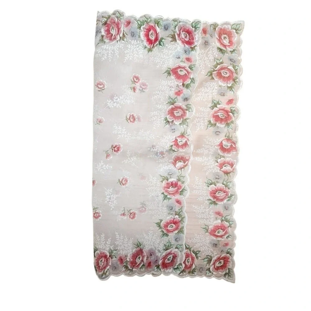 Vintage Floral Sheer Handkerchief Cottagecore Rose Print Scarf Hanky Square 13in